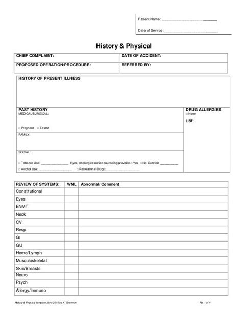 Printable History And Physical Template Pdf